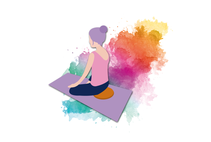 Illustration de la bonne façon de s'asseoir sur un coussin de méditation rond